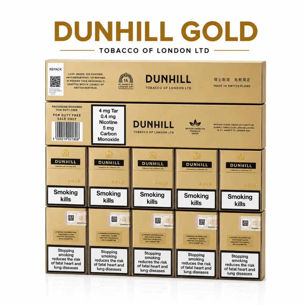 A stack of Dunhill Gold  Cigarettes dubai of London Ltd packaging boxes arranged in a grid beneath a large 'DUNHILL GOLD' brand header on a plain white background.