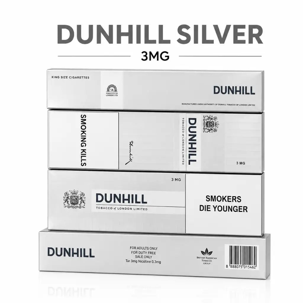 Four stacked Dunhill silver cigarette packs in white packaging with black text, shown on a light gray background with the text 'DUNHILL SILVER 3MG' above them. Visible branding includes Dunhill and the Adidas logo on the packs.