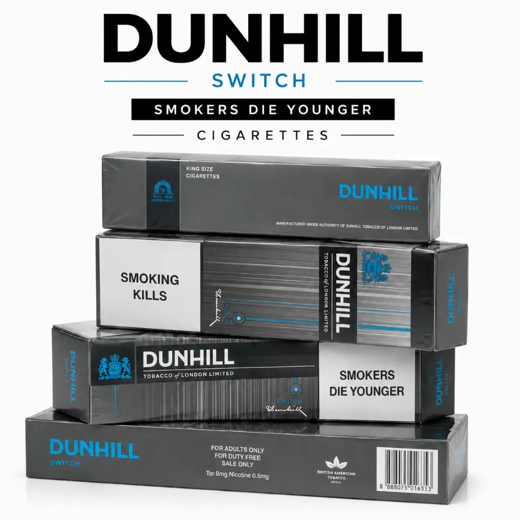 A stack of four Dunhill Switch cigarette packs on a white background, with large 'DUNHILL SWITCH' branding and the slogan 'SMOKERS DIE YOUngerer' above the packs.