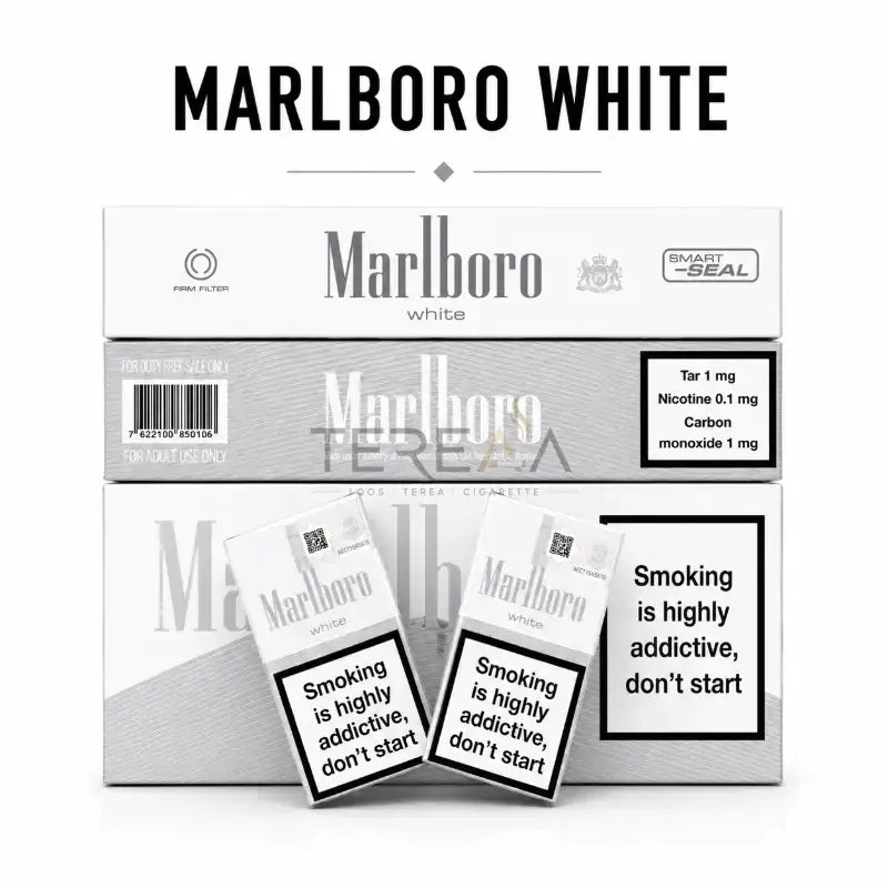  Marlboro White cigarette Dubai packs arranged on a white background, with two packs leaning in front and a large Marlboro White text header above. The packs are white and gray with black warning labels and branding.