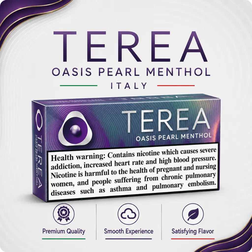 A boxed menthol product labeled TERA Oasis Pearl Menthol Italy on a light gray background with decorative purple curved accents. The box is predominantly purple and blue with a nicotine health warning panel on the front.