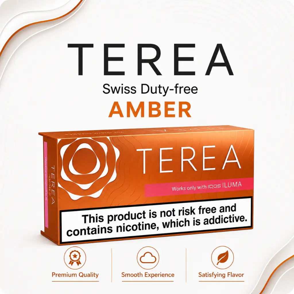 A promotional product graphic for TERA Swiss Duty-free Amber nicotine pouches. The image features a 3D box mockup of the amber-colored pouches with a white warning label, set against a clean white background with decorative wavy lines.