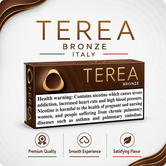 A box of Terea Bronze Italy cigarettes shown on a white background with decorative brown accents. The packaging is dark brown with gold lettering and a prominent health warning label.