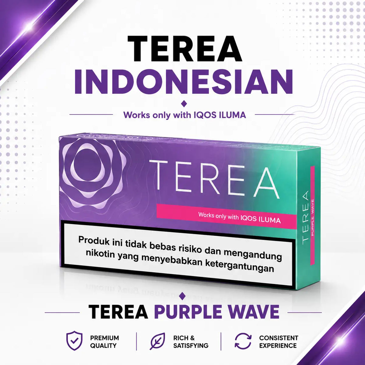 A product graphic for Terea Purple Wave tobacco in Indonesian, showing a purple and teal box with a pink band and a nicotine warning label. The background is white with purple accents and text stating 'TEREA INDONESIA' and 'Works only with IQOS ILUMA'.