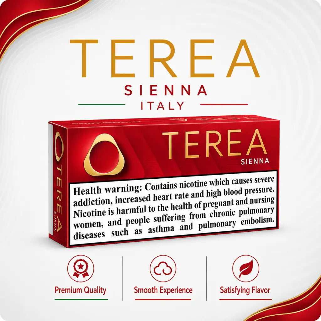A box of Terea Sienna cigarette tobacco shown on a white background with decorative red and gold graphic elements. The box is predominantly red with gold lettering and a large black health warning label on the front.