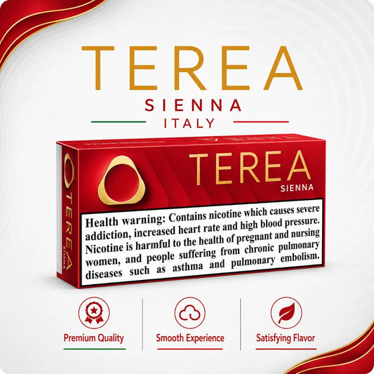 A box of Terea Sienna cigarette tobacco shown on a white background with decorative red and gold graphic elements. The box is predominantly red with gold lettering and a large black health warning label on the front.