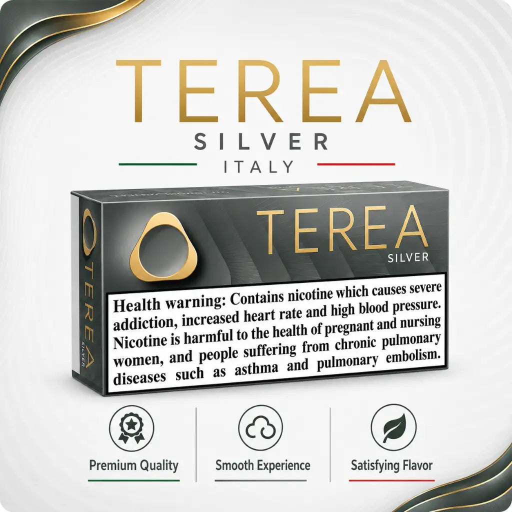 A box of Terea Silver Italy nicotine pouches shown on a white background with decorative gold and green accents. The packaging is dark gray with gold lettering and a prominent health warning label.