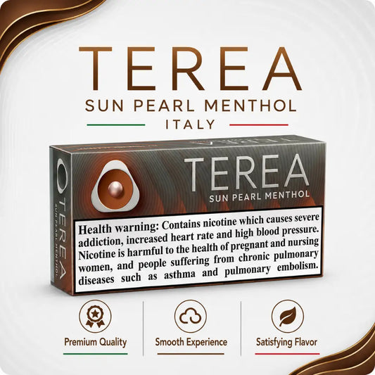 A boxed product labeled TEREA Sun Pearl Menthol Italy, shown on a clean white background with decorative brown curved accents. The box is dark brown and black with a white health warning panel and the TEREA branding.