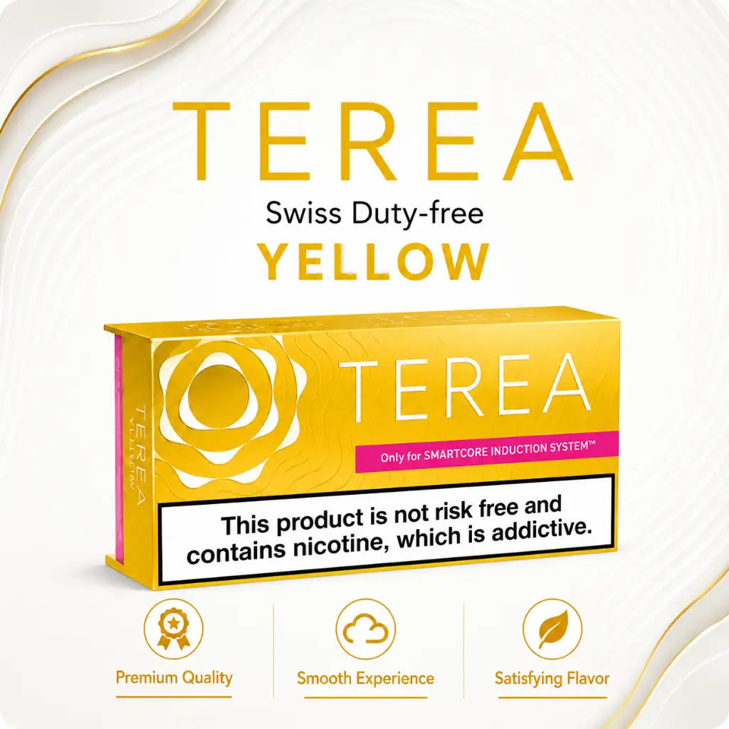 A box of TERA Yellow nicotine pouches on a white background with gold accents. The packaging is bright yellow with a white rose logo and a pink band reading 'Only for SMARTCORE INDUCTION SYSTEM™'.