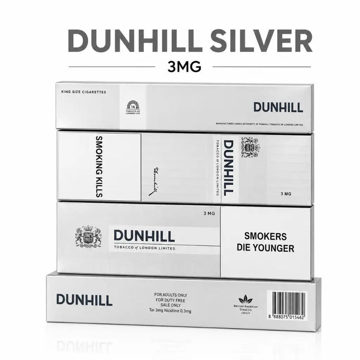 Four stacked Dunhill silver cigarette packs in white packaging with black text, shown on a light gray background with the text 'DUNHILL SILVER 3MG' above them. Visible branding includes Dunhill and the Adidas logo on the packs.