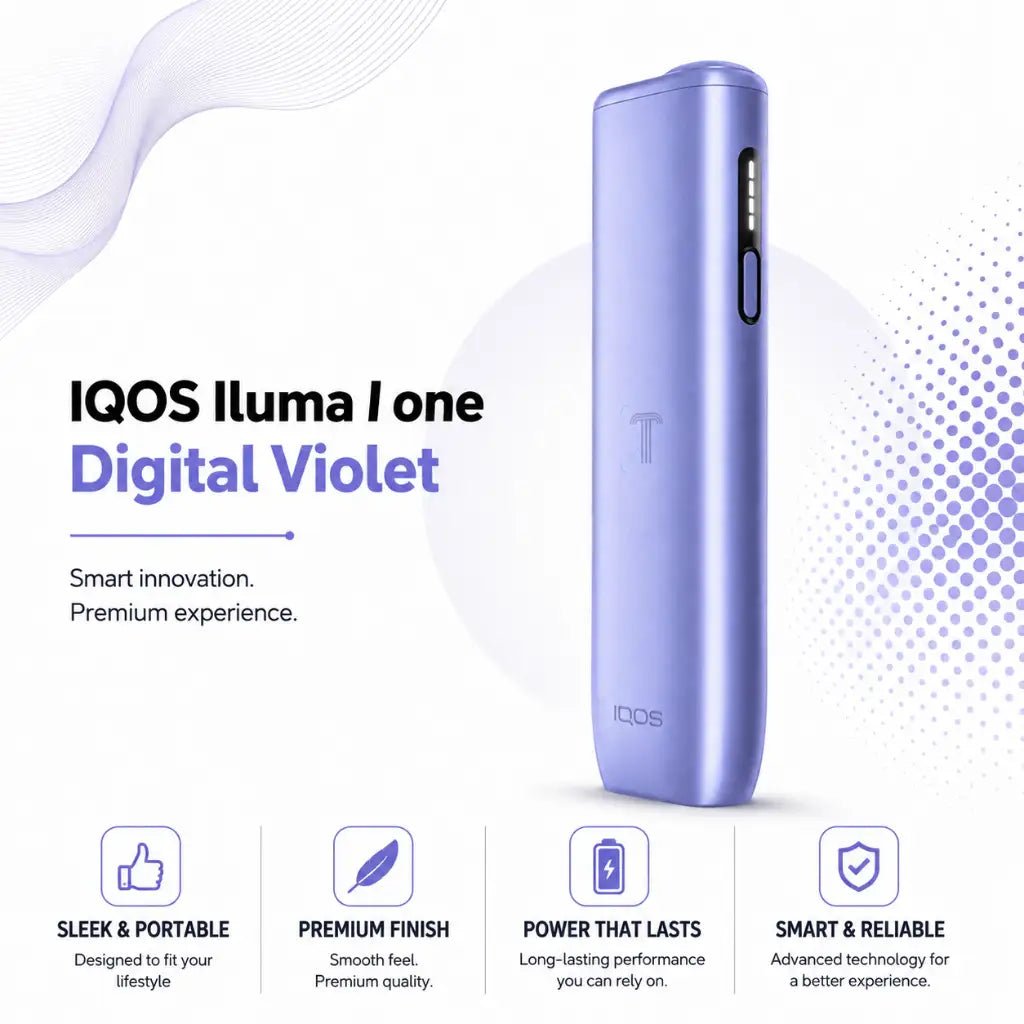 IQOS Iluma I one Digital Violet iqos device shown on a clean white background with promotional text and feature icons below.