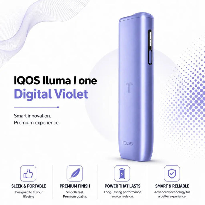 IQOS Iluma I one Digital Violet iqos device shown on a clean white background with promotional text and feature icons below.