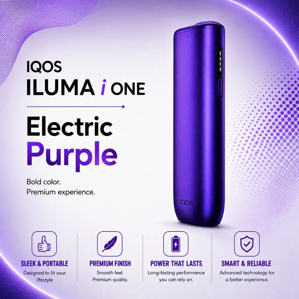 IQOS ILUMA i ONE Electric Purple power bank shown on a purple and white promotional background with product text and feature icons.