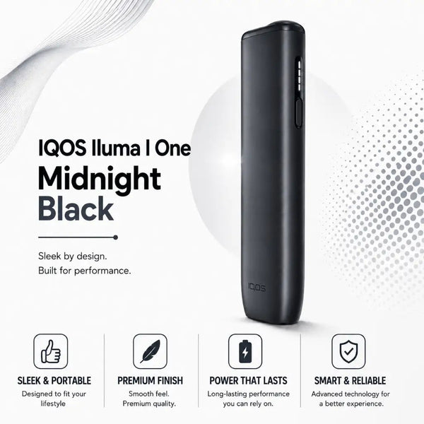 IQOS Iluma One Midnight Black iqos device shown on a white background with promotional text and feature icons below.