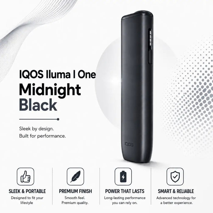 IQOS Iluma One Midnight Black iqos device shown on a white background with promotional text and feature icons below.