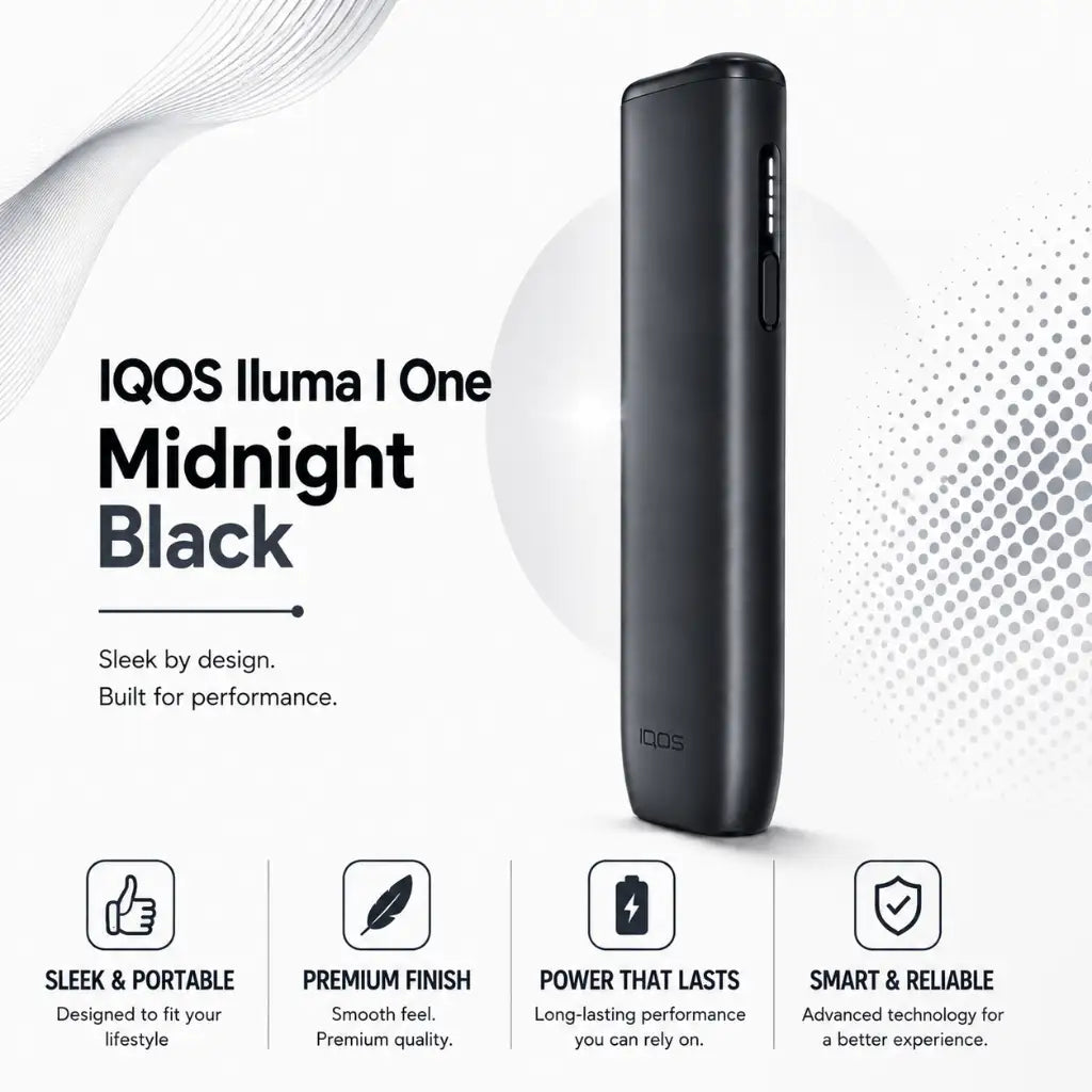IQOS Iluma One Midnight Black iqos device shown on a white background with promotional text and feature icons below.
