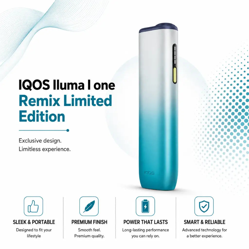 IQOS Iluma I one Remix Limited Edition vape device in a metallic silver and teal gradient finish, shown on a white background with promotional text and feature icons.