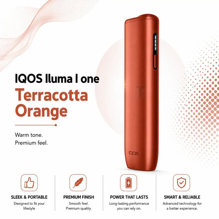 An IQOS Iluma One Terracotta Orange iqos device shown on a clean white background with promotional text and feature icons below.