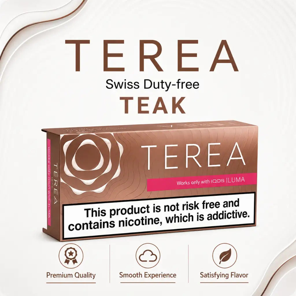 A box of Terea Swiss Duty-free Teak nicotine pouches shown on a clean white background with decorative curved lines. The packaging is metallic copper-brown with a pink accent band and a white warning label.