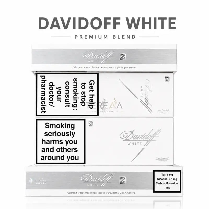 Three stacked Davidoff White Premium Blend cigarette packs on a white background, with large 'DAVIDOFF WHITE' text above. The packs are white and silver with black warning labels and branding.