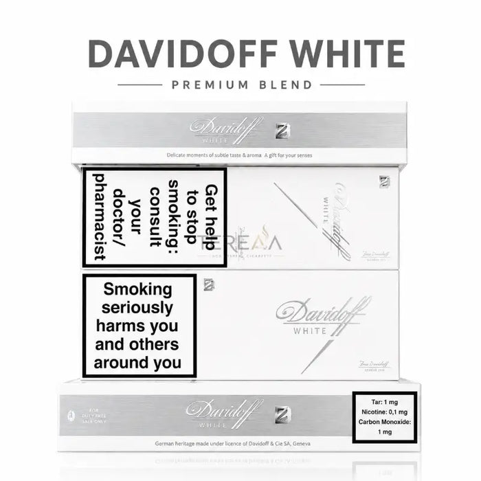 Three stacked Davidoff White Premium Blend cigarette packs on a white background, with large 'DAVIDOFF WHITE' text above. The packs are white and silver with black warning labels and branding.