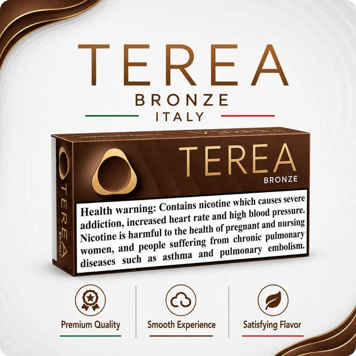 A box of Terea Bronze Italy cigarettes shown on a white background with decorative brown accents. The packaging is dark brown with gold lettering and a prominent health warning label.