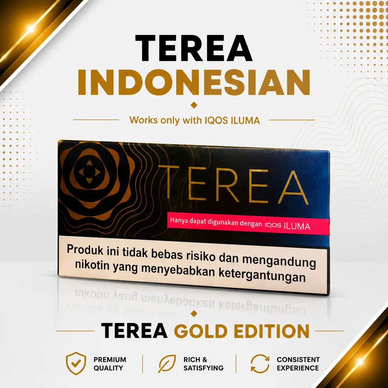 TEREA Golden Edition Indonesia combines smooth tobacco with authentic Indonesian clove and a distinctive fermented plum-fruit aroma. Designed for IQOS ILUMA devices.