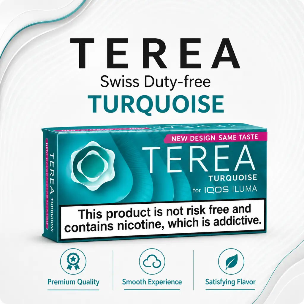 A box of Terea Turquoise nicotine pouches shown on a white background with marketing text above and three feature icons below. The packaging is turquoise and white with a pink banner reading 'New Design Same Taste.
