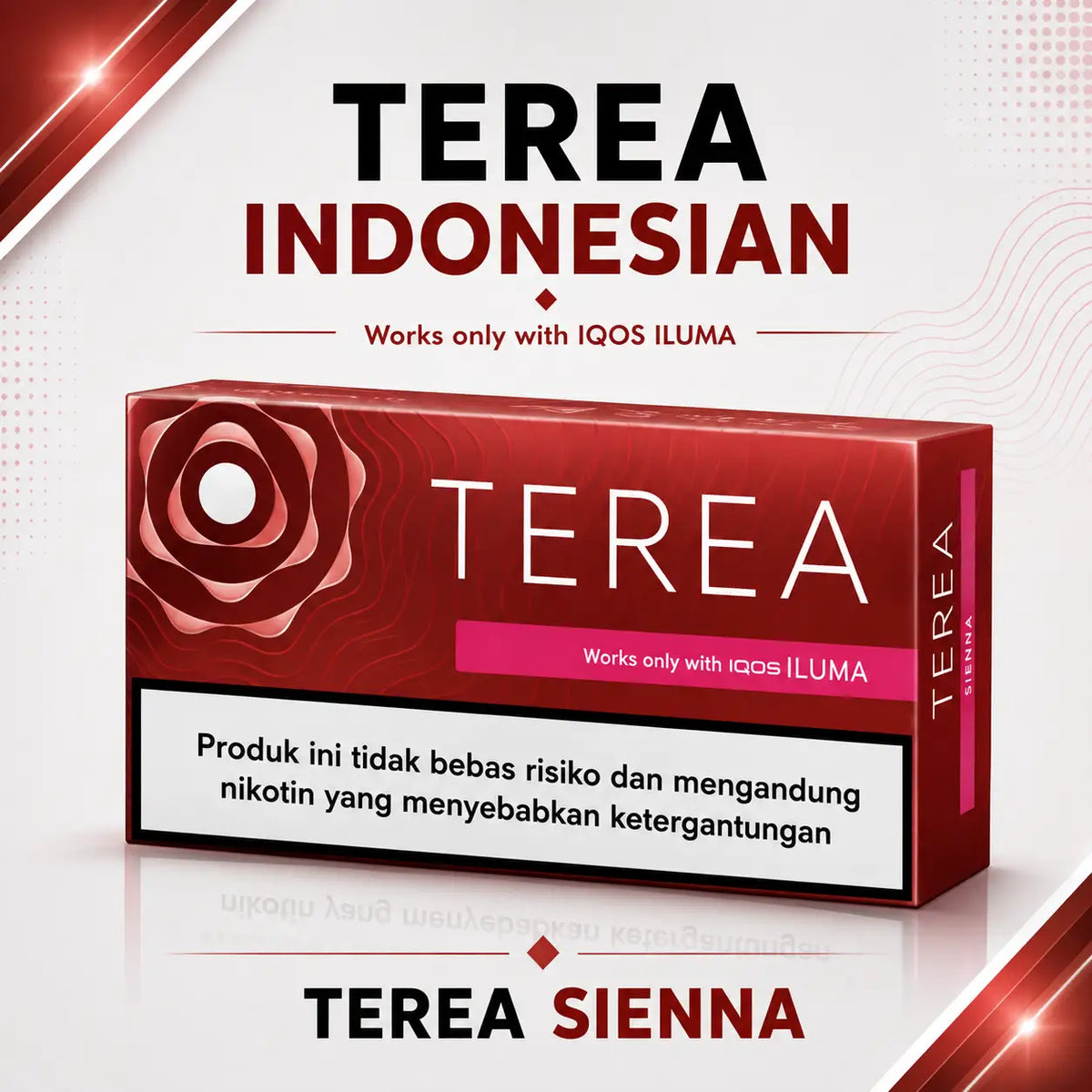 A boxed cigarette product labeled Terea dubai INDONESIA, with a red and pink package design, a nicotine warning panel, and text stating it works only with IQOS ILUMA. The package is shown on a white background with decorative red graphic accents and the variant name TERA SIENNA at the bottom.