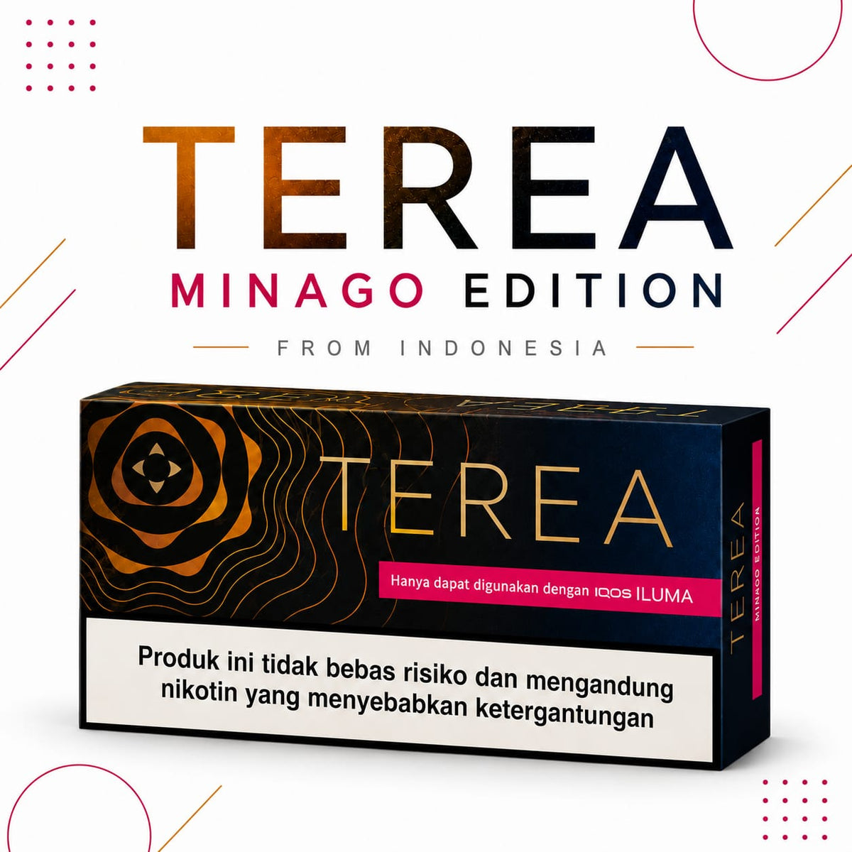 A box of Terea Minago Edition from Indonesia, featuring a black and gold design with a pink warning label and Indonesian health warning text, set against a white background with decorative geometric lines.